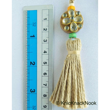 Twine Brown Tassels With Kundan Stone, Embellished Wooden Button, Tassel Charms